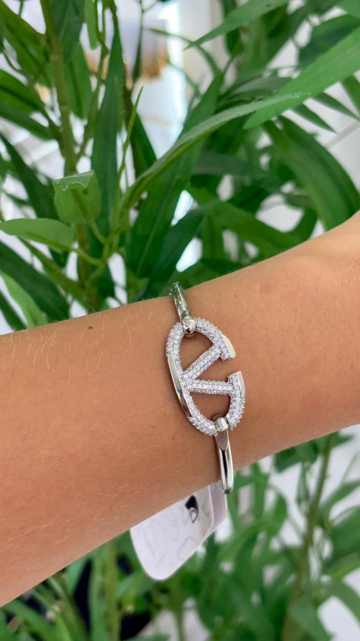 bracelete inspiração valentino prata cravejado