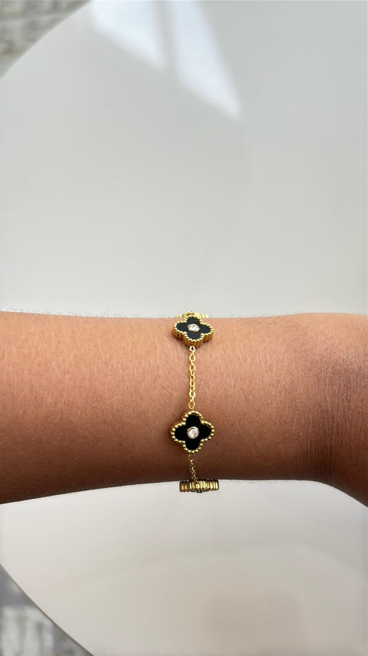 pulseira trevo inspiração em aço inoxidável dourado com preto