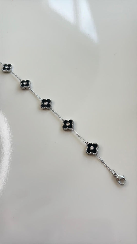 pulseira trevo inspiração em aço inoxidável prata com preto