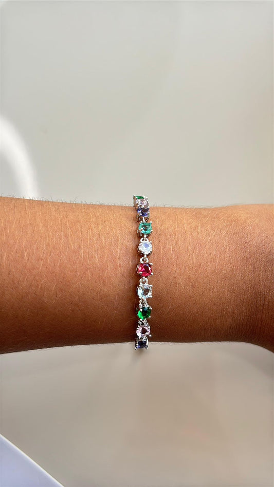 pulseira cravejada de pedras coloridas prata com fecho em gravatinha