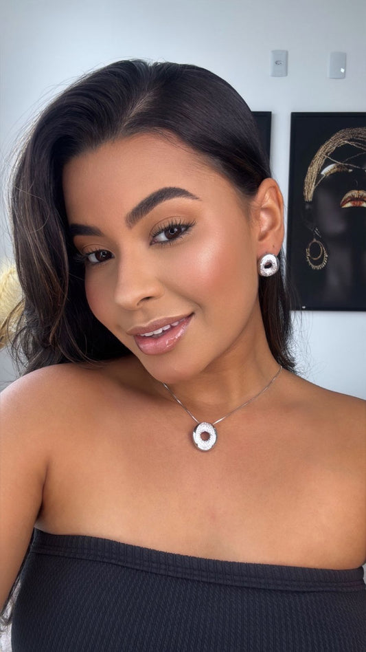 conjunto colar e brinco com pingente orgânico prata com detalhe em strass