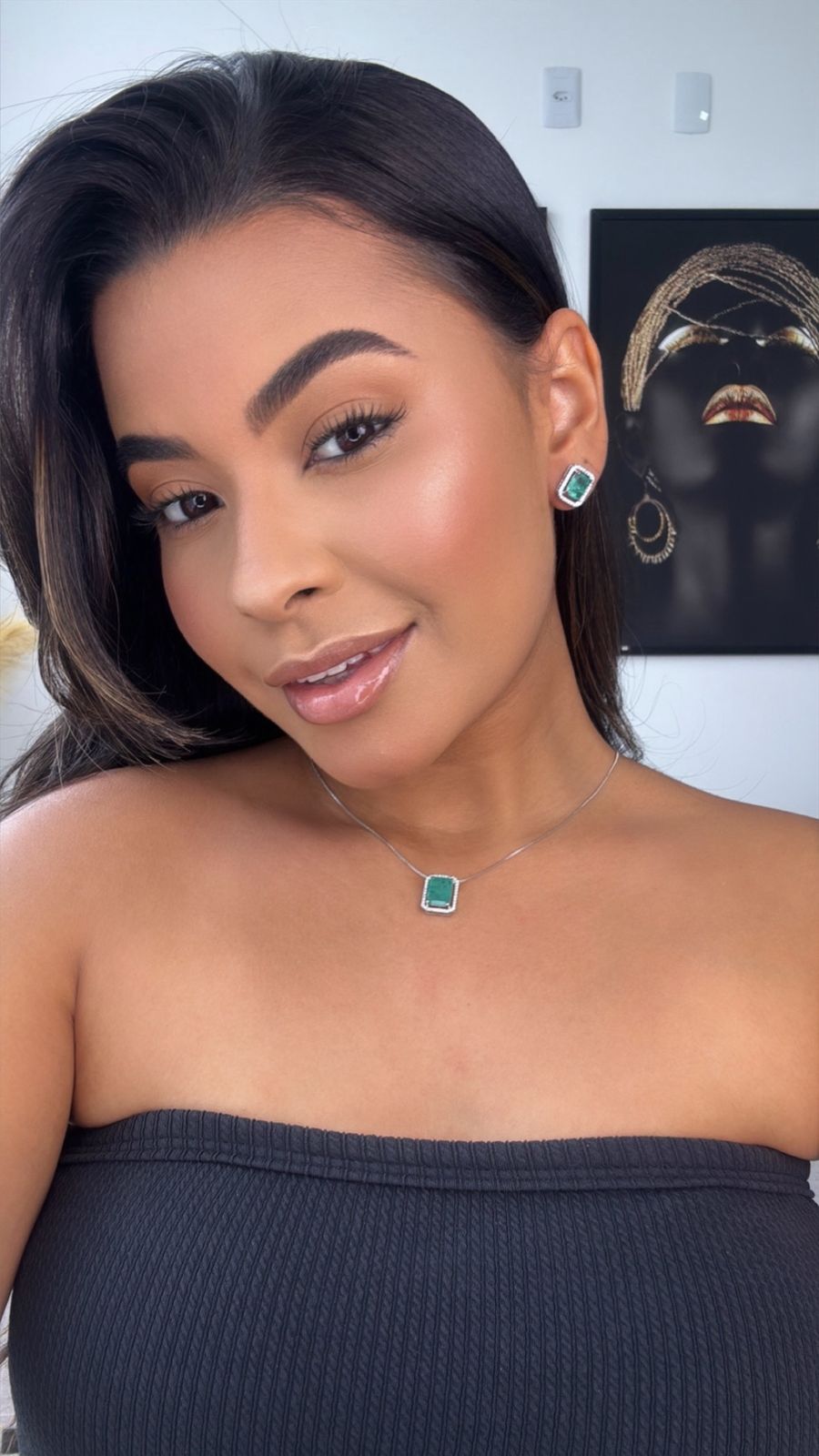 conjunto colar e brinco prata com pedra verde quadrada cravejada