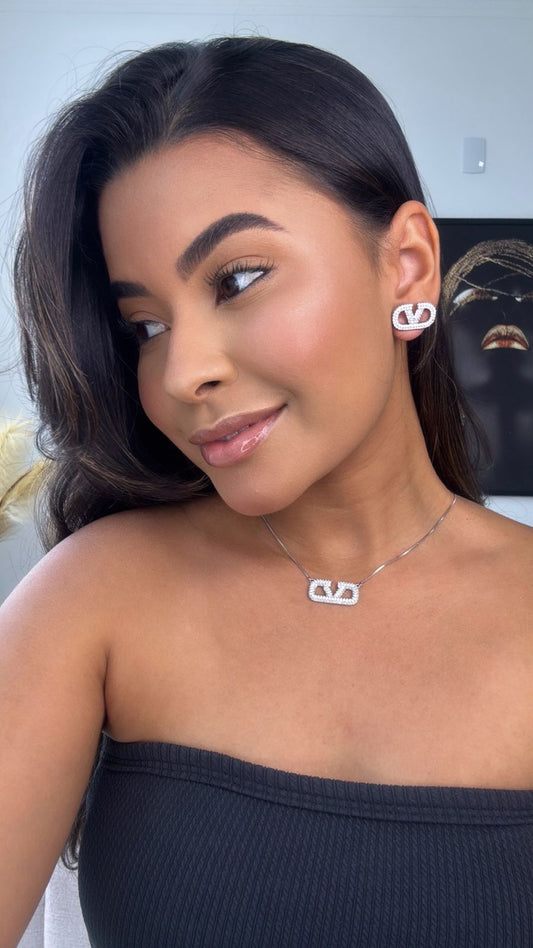conjunto colar e brinco inspiração valentino prata