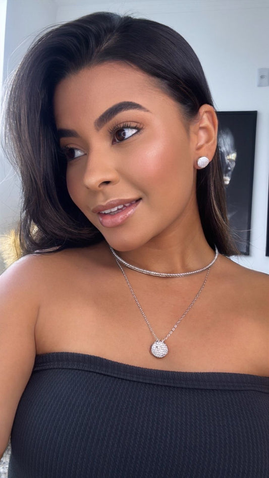 CONJUNTO DE COLAR DUPLO COM BRINCO PRATA E STRASS