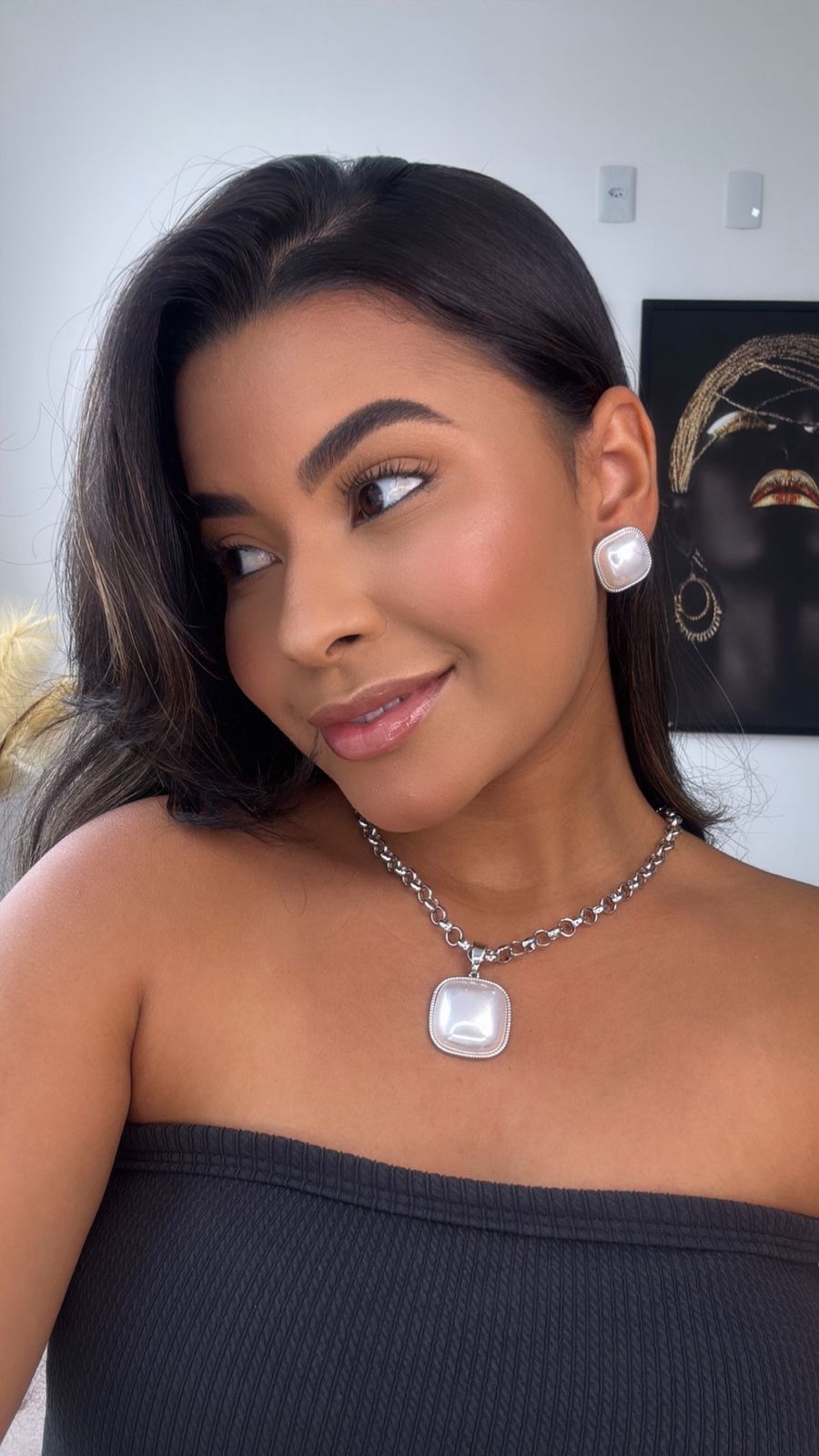 conjunto colar e brinco max prata com detalhe em pérola