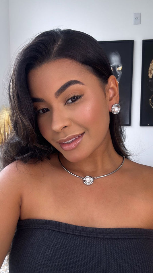 conjunto colar e brinco prata com detalhe em pérola