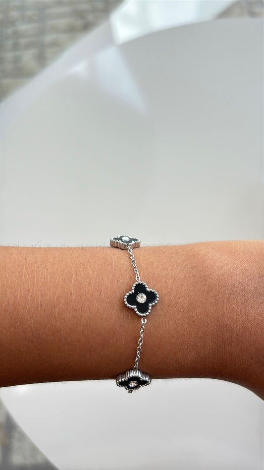 pulseira trevo inspiração em aço inoxidável prata com preto