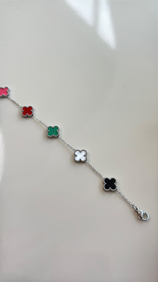 pulseira trevo inspiração em aço inoxidável prata com colorido