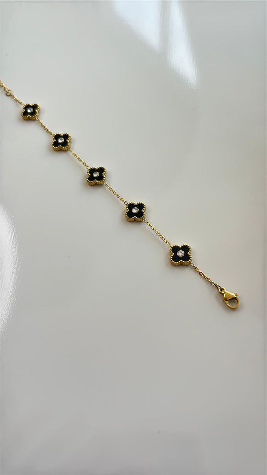 pulseira trevo inspiração em aço inoxidável dourado com preto