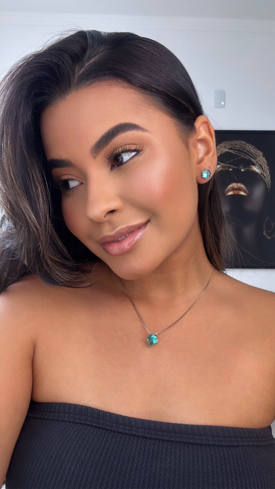 conjunto colar e brinco prata fosco com etalhe em pedraria verde