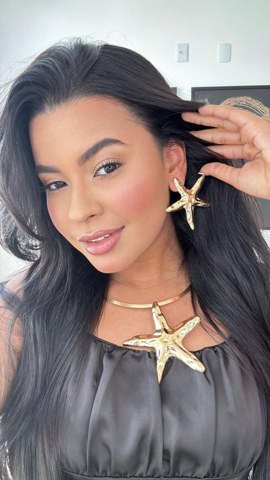 conjunto de colar choker estrela do do mar dourado com brinco