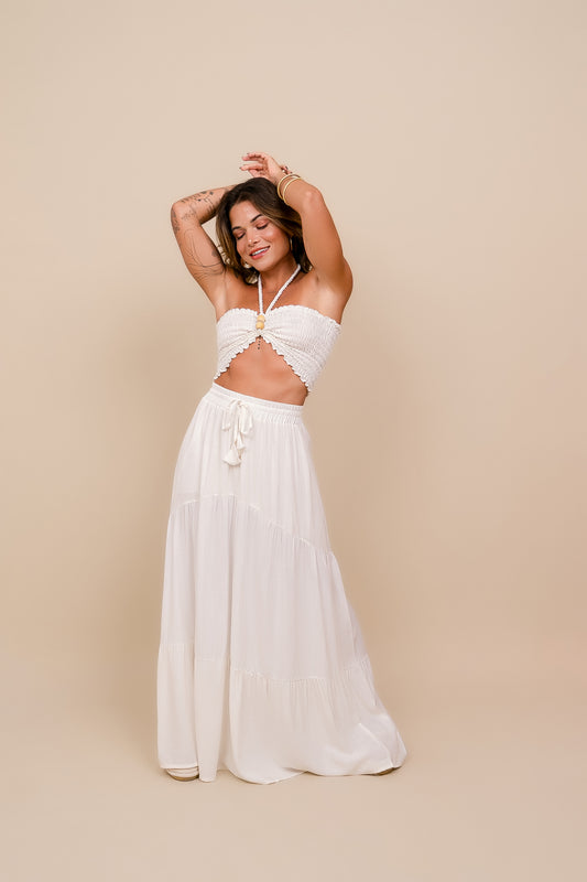CONJUNTO {Saia Gipsy + Top Faixa Lastex com Cordão} Off White ÚNICO
