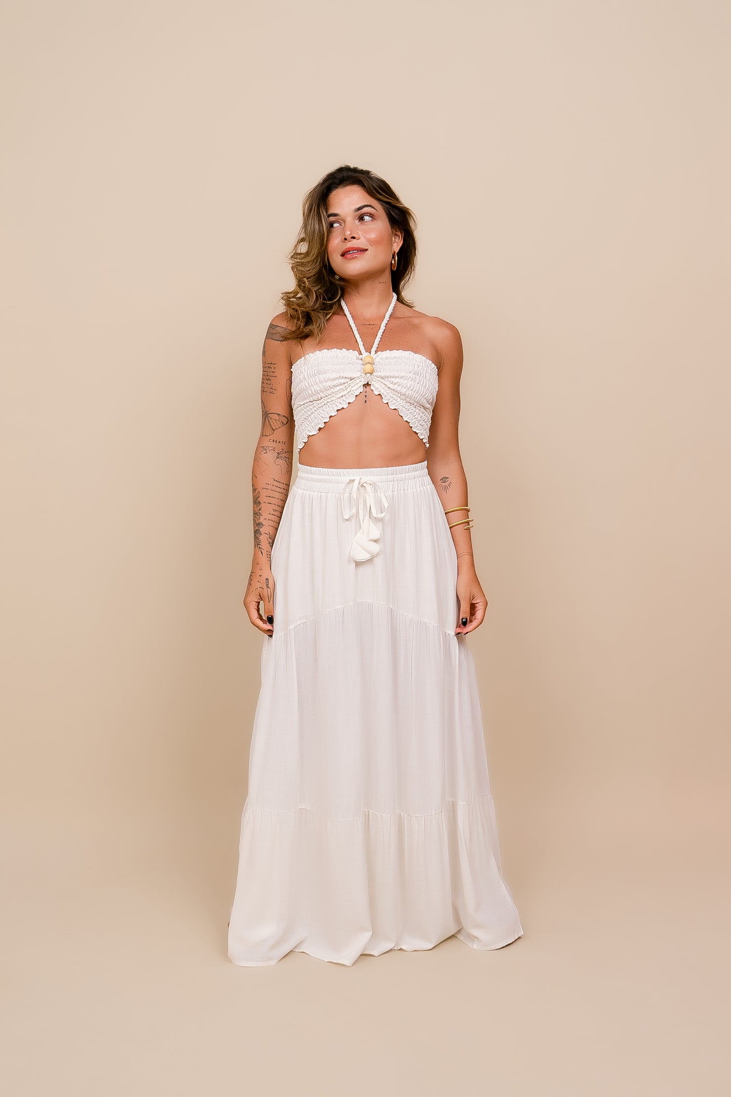 CONJUNTO {Saia Gipsy + Top Faixa Lastex com Cordão} Off White ÚNICO